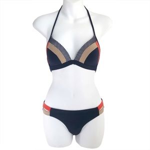 Color Block Halter Bikini Set with Checkered Detail - Navy, Red and Tan